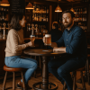 Super-Seat | Poker Oud Bruin Café Amsterdam Statafel met houten blad en metalen poten, hoge krukken; warme sfeer, flessen op planken. | Horecameubilair