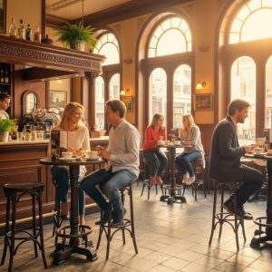 Super-Seat | Houten stoelen en ronde tafels met houten bladen, oudbruin interieur, zonlicht binnen. | Horecameubilair