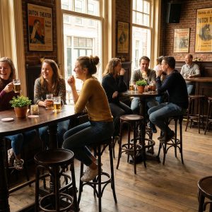 Super-Seat | Houten statafels, stoelen, barkrukken en planten in warm café met grote ramen en houten vloer. | Horecameubilair
