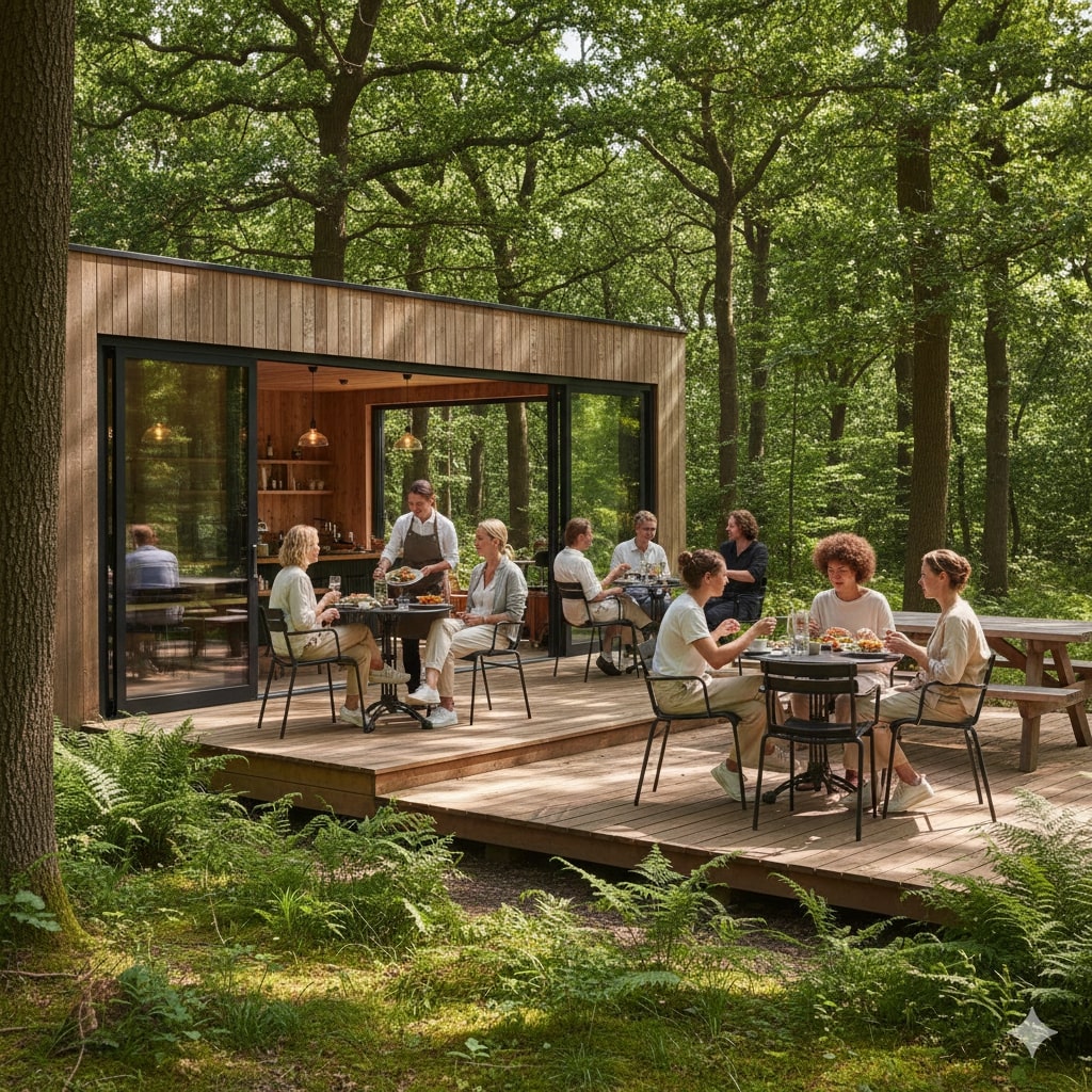 Super-Seat |Zwarte metalen armstoelen en houten tafels op terras, omgeven door bomen en groen. | Horecameubilair