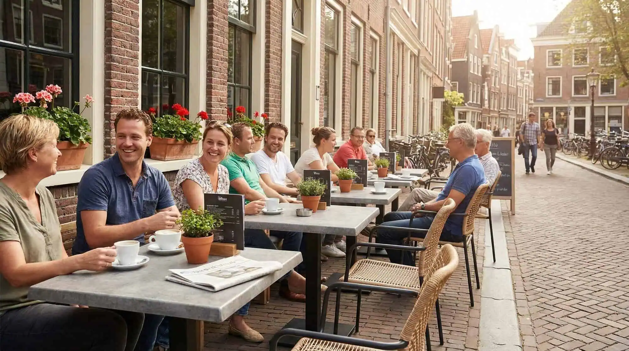 Super-Seat | Horeca Terrasstoelen | Groene metalen terrasstoelen en tafels op een kasseien straat met planten en fietsen. | Horecameubilair