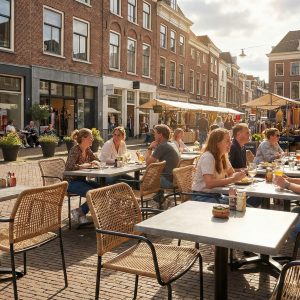 Super-Seat | Groene kunststof terrasstoelen en metalen tafels vullen het levendige café op straat. | Horecameubilair
