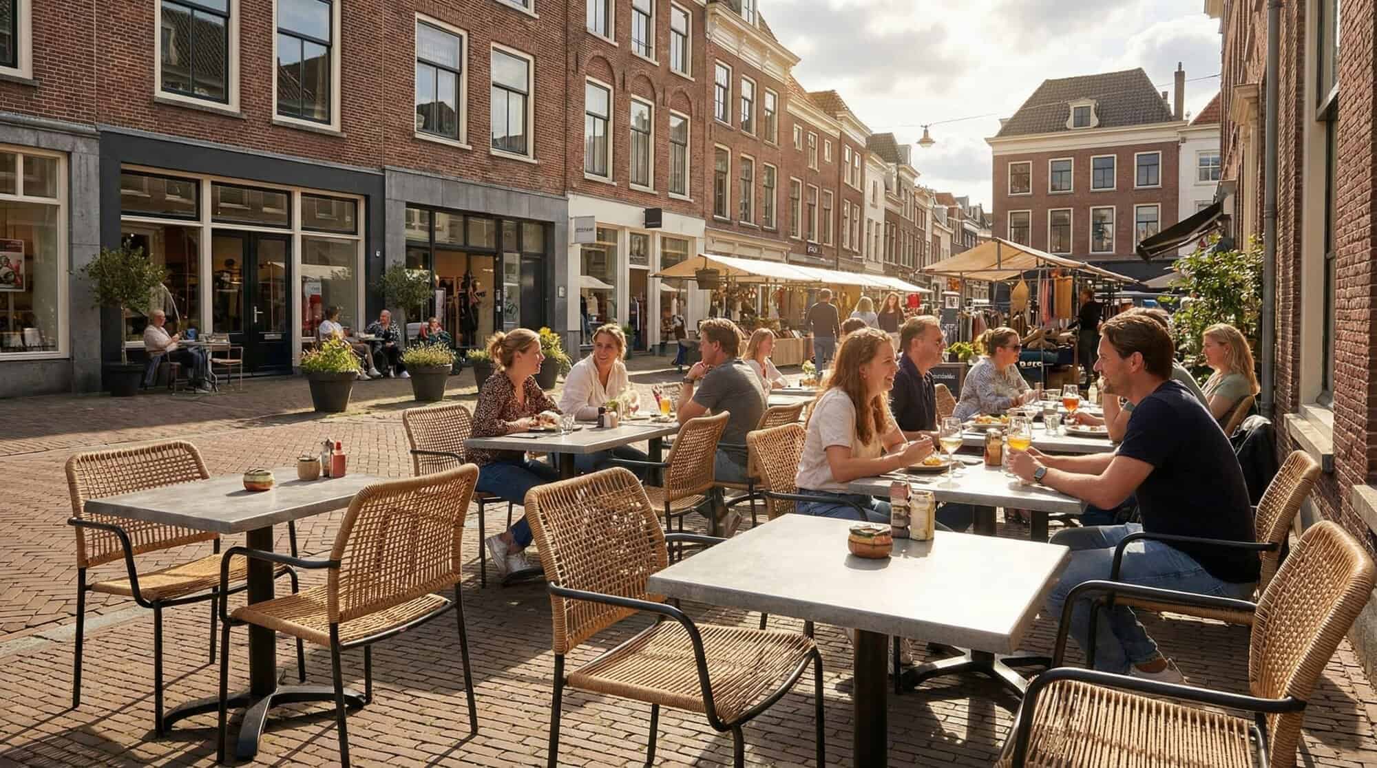 Super-Seat | Groene kunststof terrasstoelen en metalen tafels vullen het levendige café op straat. | Horecameubilair