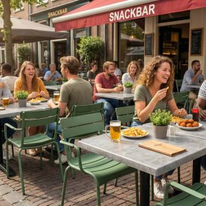 Super-Seat | Terrasstoelen groen horeca terras Groene metalen armstoelen, houten tafels en krukken op zonnig terras langs een klinkerstraat. | Horecameubilair