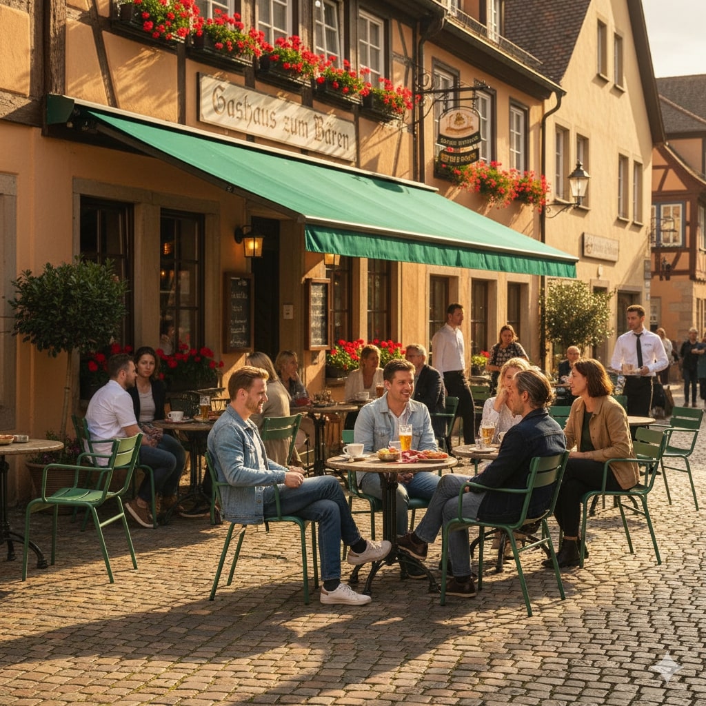Super-Seat | Groene metalen terrasstoelen en tafels op kinderkopjes, houten bloembakken, groene zonwering. | Horecameubilair