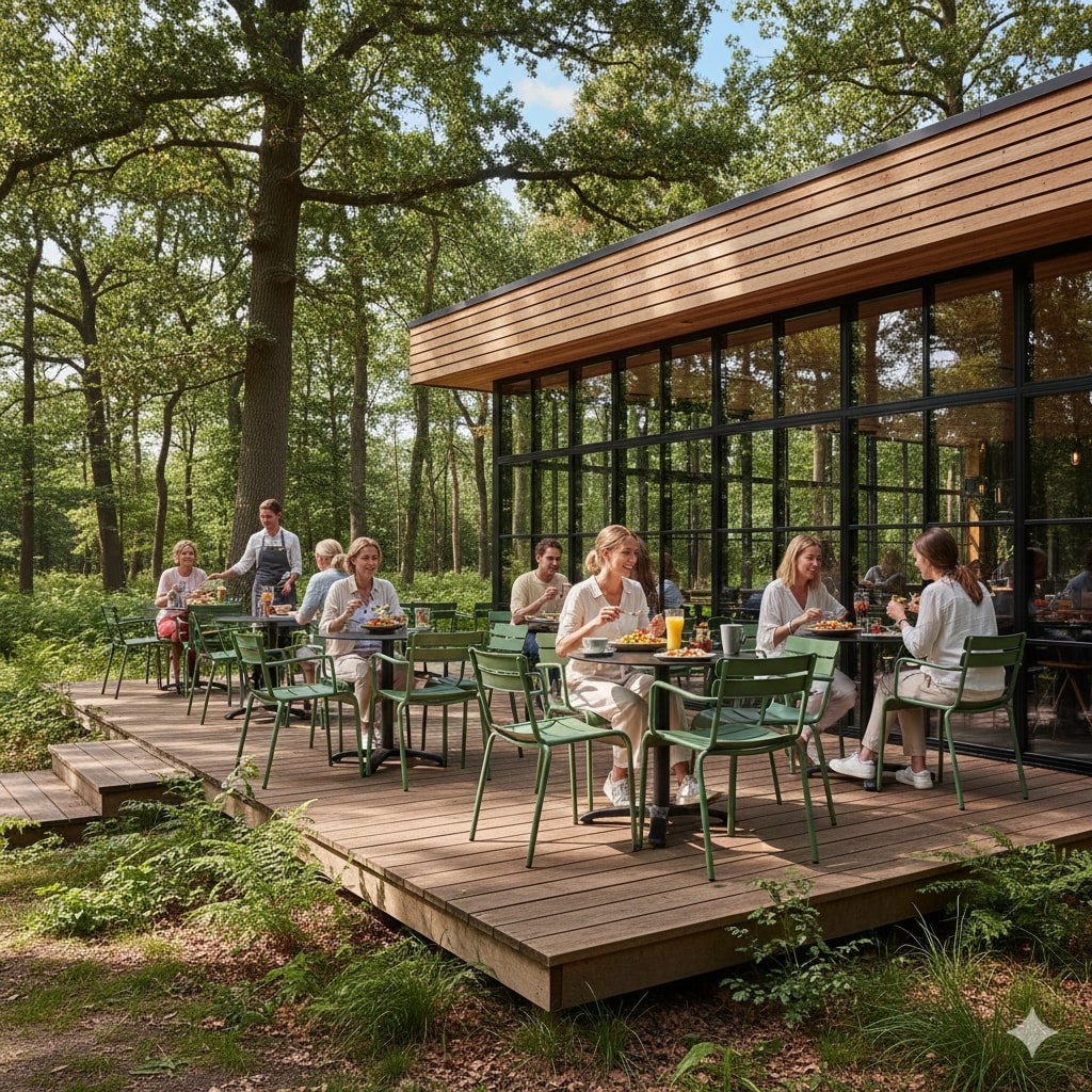 Super-Seat | Luxembourg horeca terras armstoelen groen Groene metalen stoelen en tafels op modern terras naast glazen gebouw onder blauwe lucht. | Horecameubilair