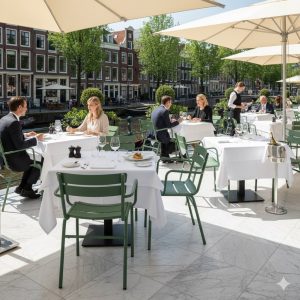 Super-Seat | Terrasstoelen Groen | Groene metalen Luxembourg stoelen en tafels, gasten aan het eten bij kanaal met parasols. | Horecameubilair