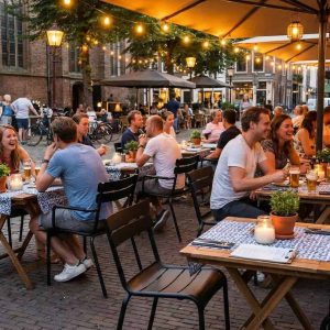 Super-Seat | Zwarte metalen armstoelen, houten tafels met ruitkleed, kaarsen, bakstenen muur en lichtjes. | Horecameubilair