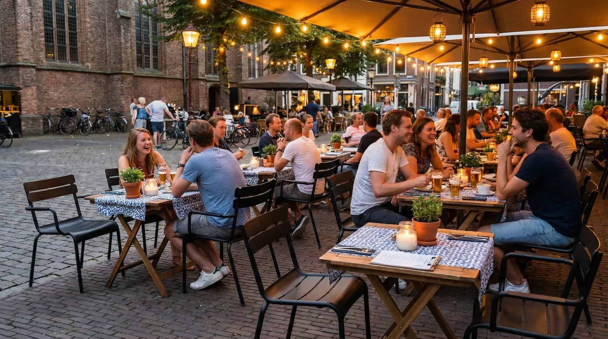 Super-Seat | Zwarte metalen armstoelen, houten tafels met ruitkleed, kaarsen, bakstenen muur en lichtjes. | Horecameubilair