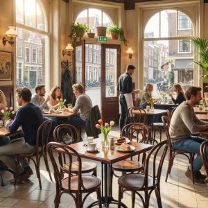 Super-Seat | Donkerbruine houten Thon stapelstoelen en houten tafels in druk café met bloemen en zonlicht. | Horecameubilair