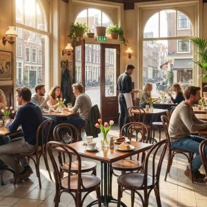Super-Seat | Donkerbruine houten Thon stapelstoelen en houten tafels in druk café met bloemen en zonlicht. | Horecameubilair