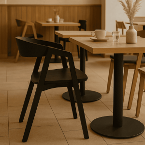 Super-Seat | Scandinavische eetkamerstoelen zwart hout houten tafels, zwarte stoelen, neutrale tinten, pampasgras in vaas. | Horecameubilair