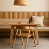 Super-Seat | Malmo Scandinavische horeca stoelen hout honing bruin | Honingbruine houten stoelen, houten tafel, beige kussens, minimalistisch design. | Horecameubilair