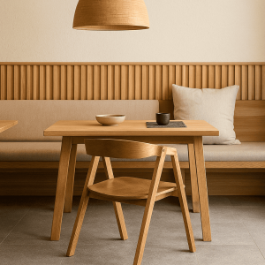 Super-Seat | Malmo Scandinavische horeca stoelen hout honing bruin | Honingbruine houten stoelen, houten tafel, beige kussens, minimalistisch design. | Horecameubilair