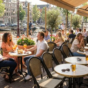 Super-Seat | Buiten terrastafel Gietijzer 3 teens Paris zwart | Zwarte gietijzeren tafels & metalen stoelen staan bij een kanaal in de zon. | Horecameubilair