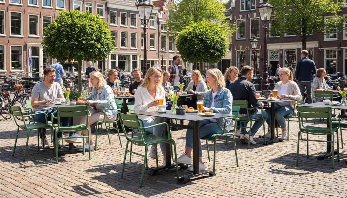 Super-Seat |HPL horeca (terras) tafelbladen maan reliëf zwart 120x70cm Zwarte HPL tafels, groene stoelen, bakstenen plein, fietsen, bomen. | Horecameubilair