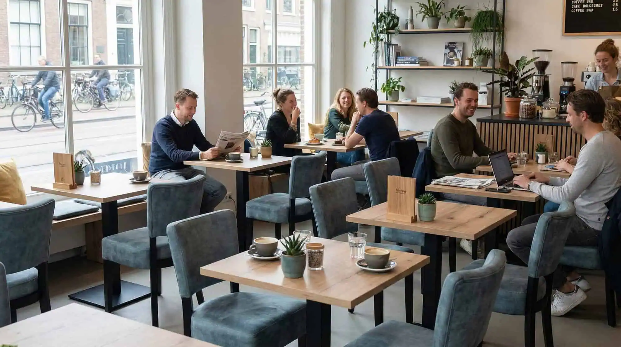 Super-Seat | Lisa Rome horeca stoelen velours vintage groen Groene velours horecastoelen, houten tafels en krukken in zonovergoten café-interieur. | Horecameubilair