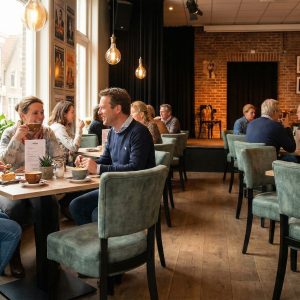 Super-Seat | Lisa Rome horeca stoelen velours vintage groen Velours groene stoelen, houten tafels in café met bakstenen muren en warme sfeer. | Horecameubilair