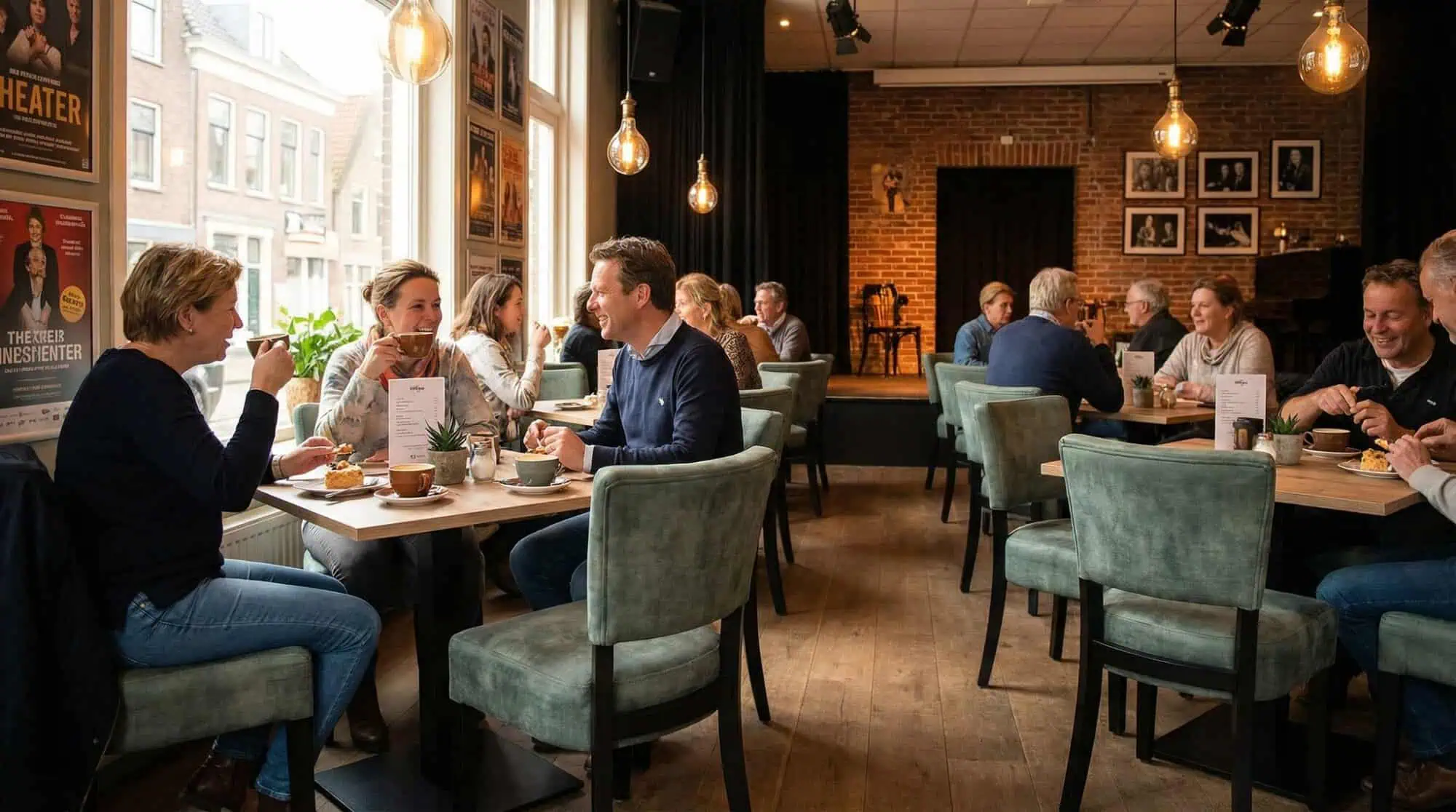 Super-Seat | Lisa Rome horeca stoelen velours vintage groen Velours groene stoelen, houten tafels in café met bakstenen muren en warme sfeer. | Horecameubilair