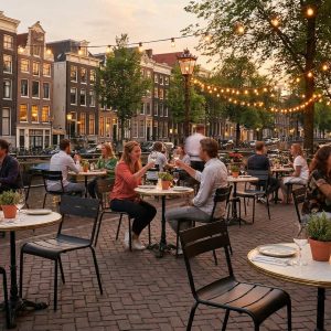 Super-Seat | Terrastafels 70x70 cm koper Koperkleurige HPL tafels, stoelen van hout/metaal; barkrukken buiten langs de sfeervolle gracht. | Horecameubilair