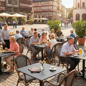 Super-Seat | HPL horeca (terras) tafelbladen maan reliëf zwart 70x70cm Zwarte HPL tafels, metalen stoelen op een plein met klinkers en planten. | Horecameubilair