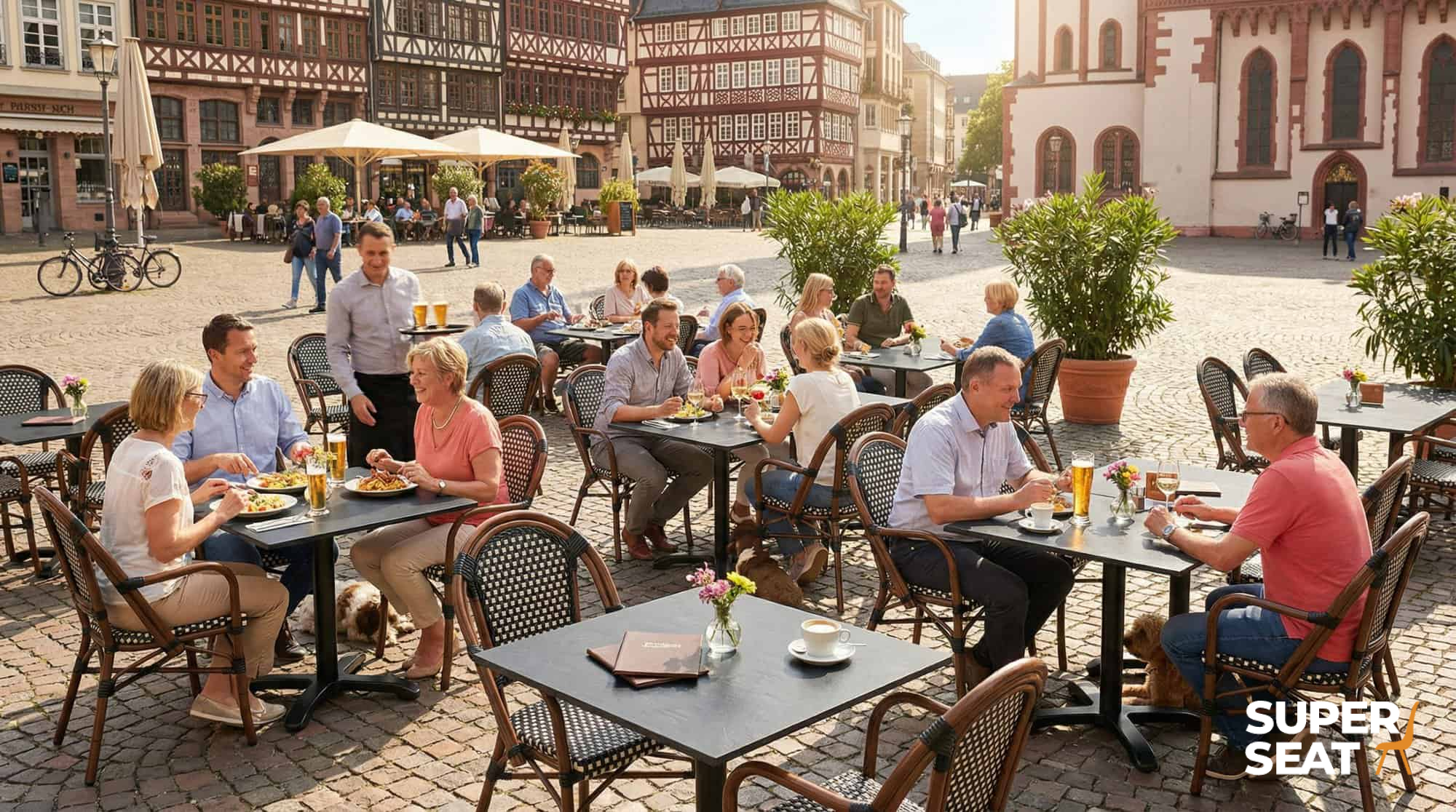 Super-Seat | HPL horeca (terras) tafelbladen maan reliëf zwart 70x70cm Zwarte HPL tafels, metalen stoelen op een plein met klinkers en planten. | Horecameubilair