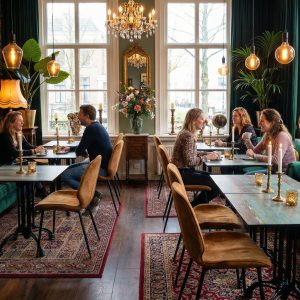 Super-Seat |HPL Horeca Terrastafels Fluwelen banken, koperen en roestkleurige HPL tafels 70x70cm; vintage café setting met zitplekken. | Horecameubilair