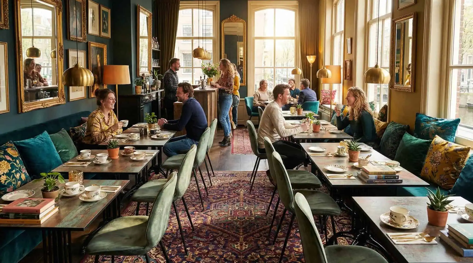 Super-Seat | HPL horeca tafelbladen roest en koper 70x70cm Groene fluwelen stoelen, koperen en roestkleurige tafels, mensen aan het eten. | Horecameubilair