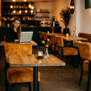 Super-Seat | Wat je gaat tegenkomen zijn stoelen, tafels, barkrukken, picknick tafels en andere soort tafels en stoelen. | Okergele velours Lisa Rome stoelen met houten tafels in moderne café. Sfeerverlichting, decoratie en bar op achtergrond. | Horecameubilair