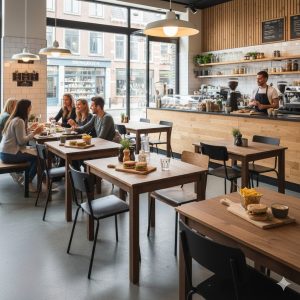 Super-Seat | Parker horeca bruin café tafels en stoelen | Bruine houten tafels 120x80cm, zwarte metalen stoelen, barista achter toonbank. | Horecameubilair