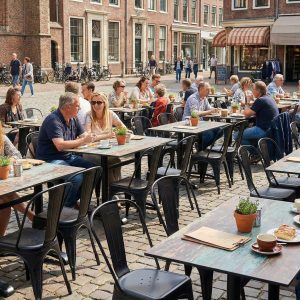 Super-Seat | HPL horeca tafelbladen roest en koper 70x70cm Terras met metalen stoelen, koperen/roestkleurige tafels, bakstenen straat. | Horecameubilair