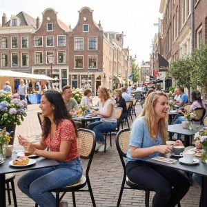 Super-Seat |Bruine HPL koperen horeca tafels 70x70cm met zwarte metalen stoelen op een gezellige straat. | Horecameubilair