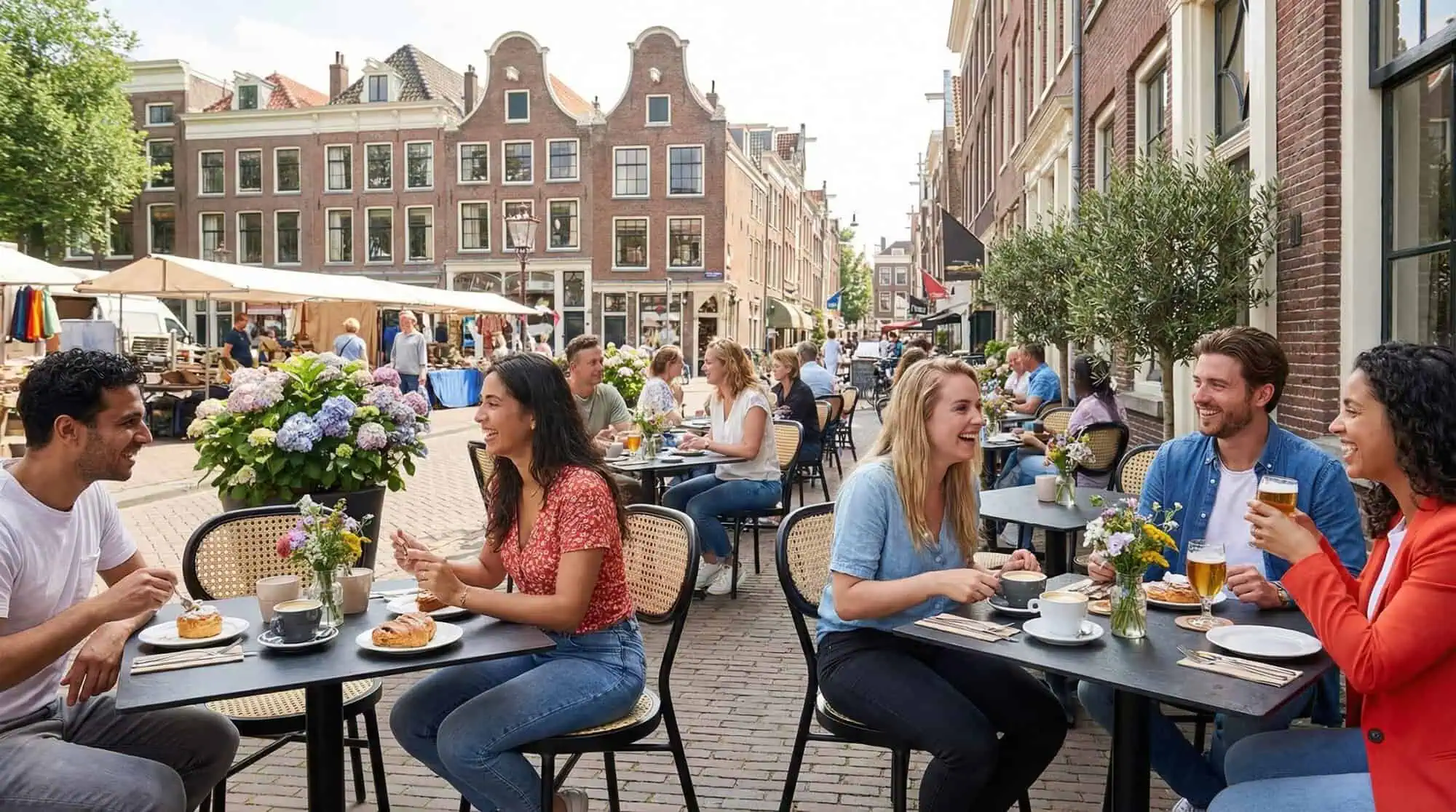 Super-Seat |Bruine HPL koperen horeca tafels 70x70cm met zwarte metalen stoelen op een gezellige straat. | Horecameubilair