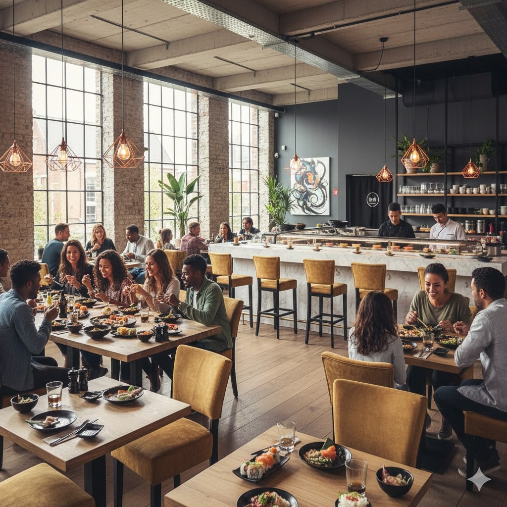 Super-Seat | Lisa Rome Horeca Stoelen Velours Oker | Gele velours stoelen, houten tafels bij grote ramen, marmeren bar, levendig restaurant. | Horecameubilair