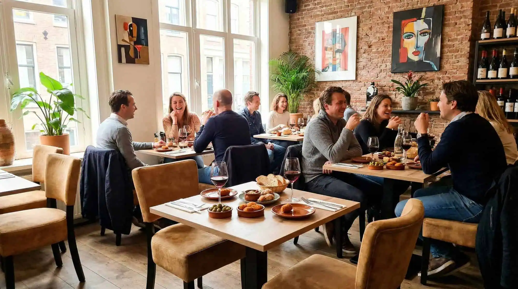 Super-Seat | Lisa Rome horeca stoelen velours oker | Okergele velours stoelen, houten tafels in bakstenen restaurant, flessen wijn op rekken. | Horecameubilair