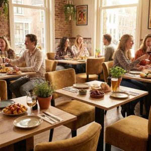 Super-Seat | Gele fluwelen stoelen en houten tafels, bakstenen muren, grote ramen, veel licht. | Horecameubilair