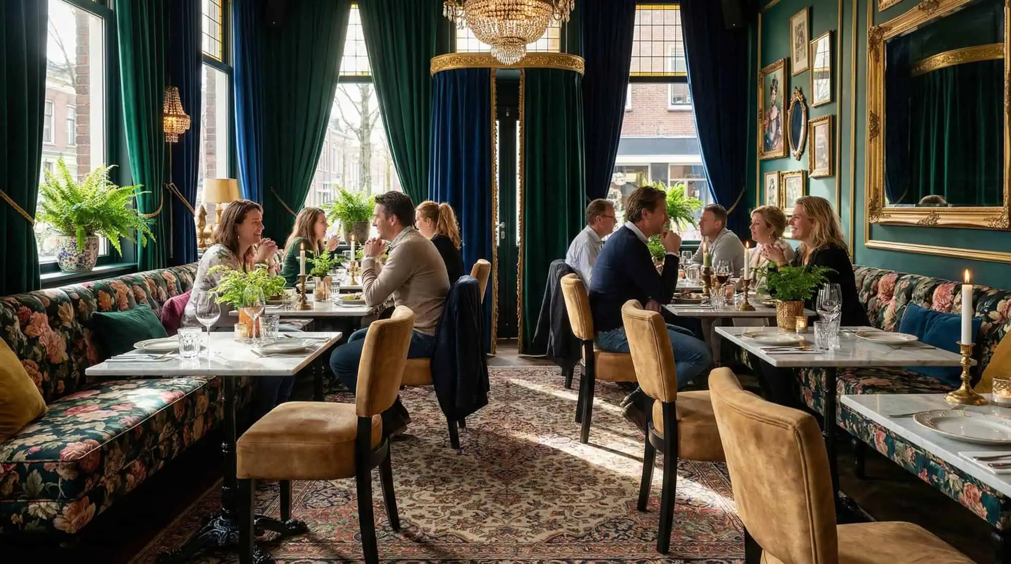 Super-Seat | Velours oker stoelen, houten tafels, bloemdecoratie, groene muren, veel licht en planten. | Horecameubilair