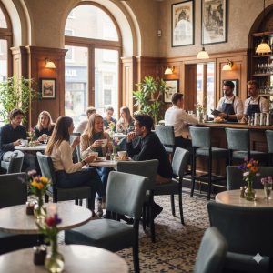 Super-Seat | Lisa Rome Stoelen café Groene velours stoelen, houten tafels, barkrukken en veel planten in licht modern café. | Horecameubilair