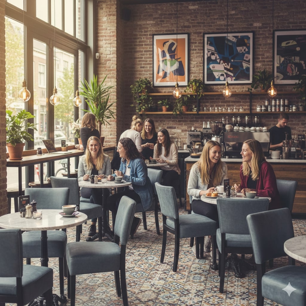 Super-Seat | Lisa Rome horeca stoelen fluweel vintage groen | Velours groene stoelen, houten tafels en barkrukken in moderne café setting. | Horecameubilair