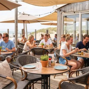 Super-Seat |Houten teakhouten ronde tafels 70cm, zwarte metalen stoelen, zonneschermen, zandduinen op achtergrond. | Horecameubilair