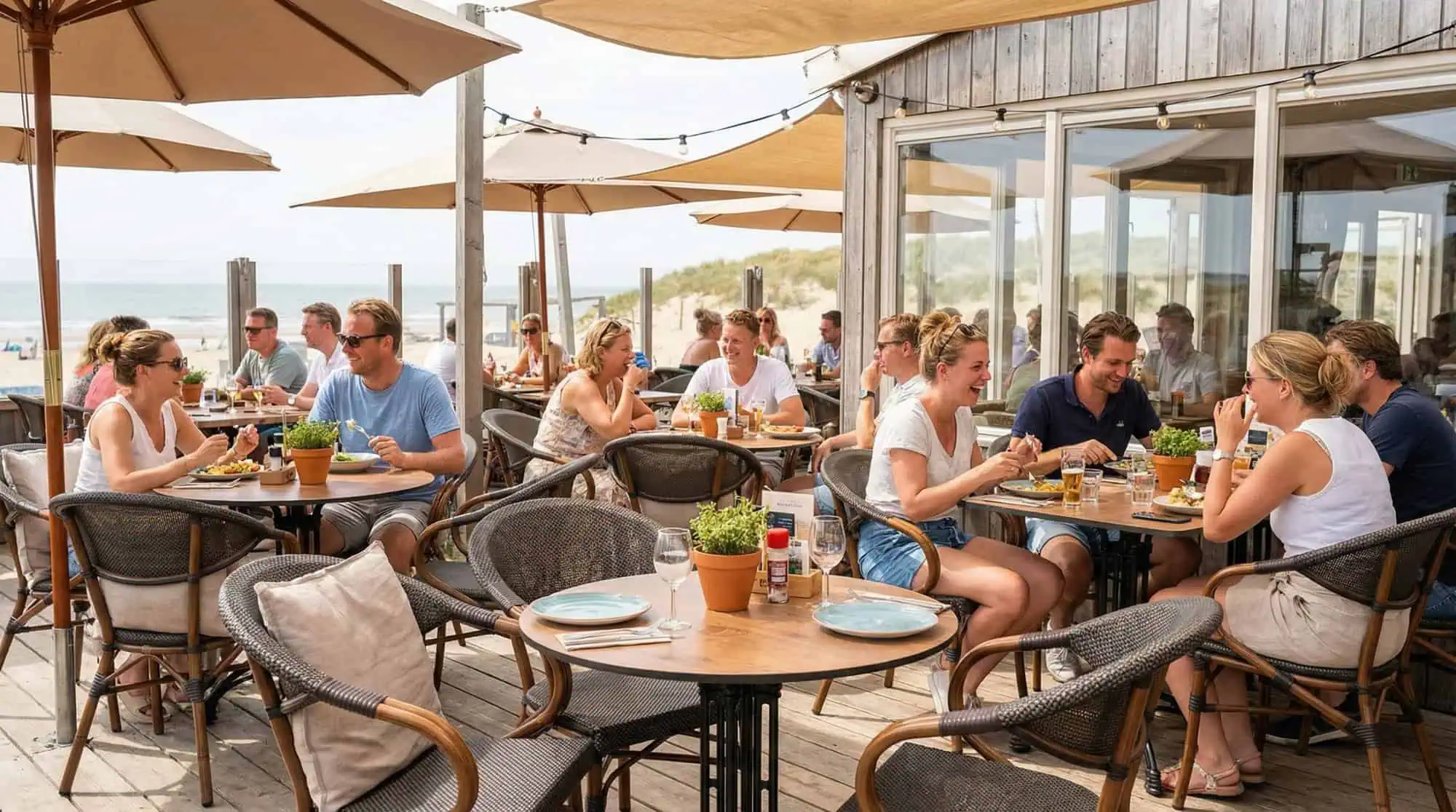 Super-Seat |Houten teakhouten ronde tafels 70cm, zwarte metalen stoelen, zonneschermen, zandduinen op achtergrond. | Horecameubilair