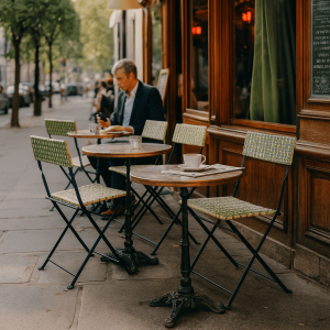 Super-Seat | Retro turquoise kunststof rotan terras klapstoelen en tafels, met man alleen aan witte tafel. | Horecameubilair