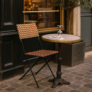 Super-Seat | Een kleine ronde cafétafel met een lege Parijse kunststof rotan (terras) klapstoel Prada... | Witte kunststof rotan klapstoel met metalen frame, ronde houten tafel, glas en een grote plantenpot vlakbij. | Horecameubilair