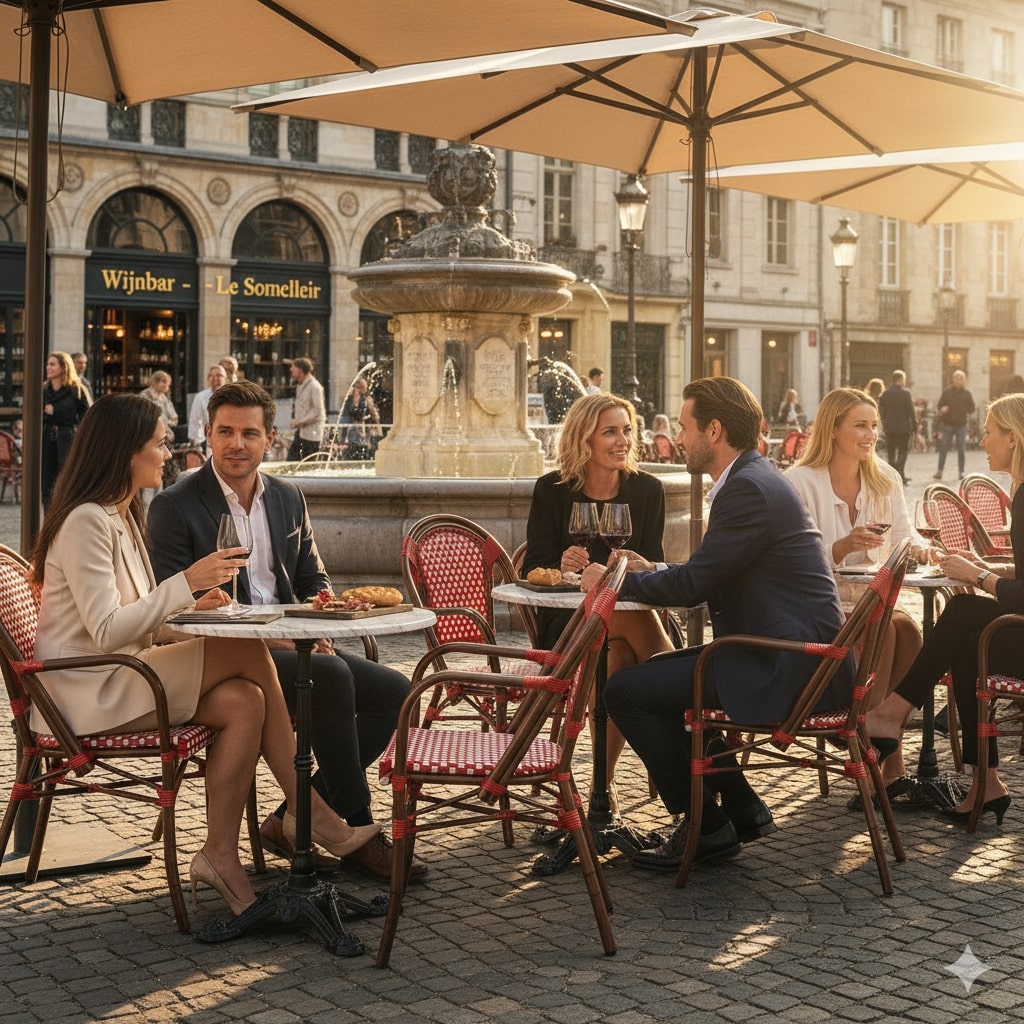 Super-Seat | Rotan rode stapelstoelen met armleuningen rond metalen terrastafels op zonnig plein met rode stoelen en parasols. | Horecameubilair