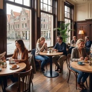 Super-Seat | Houten ronde tafels met zwarte metalen onderstel, houten stoelen, planten en warme cafékleur. | Horecameubilair