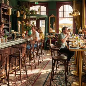 Super-Seat | Gezellig restaurant interieur | Groene muren, gebloemde banken, rode Café de Paris stoelen en rieten terrasstoelen met armleuningen. | Horecameubilair