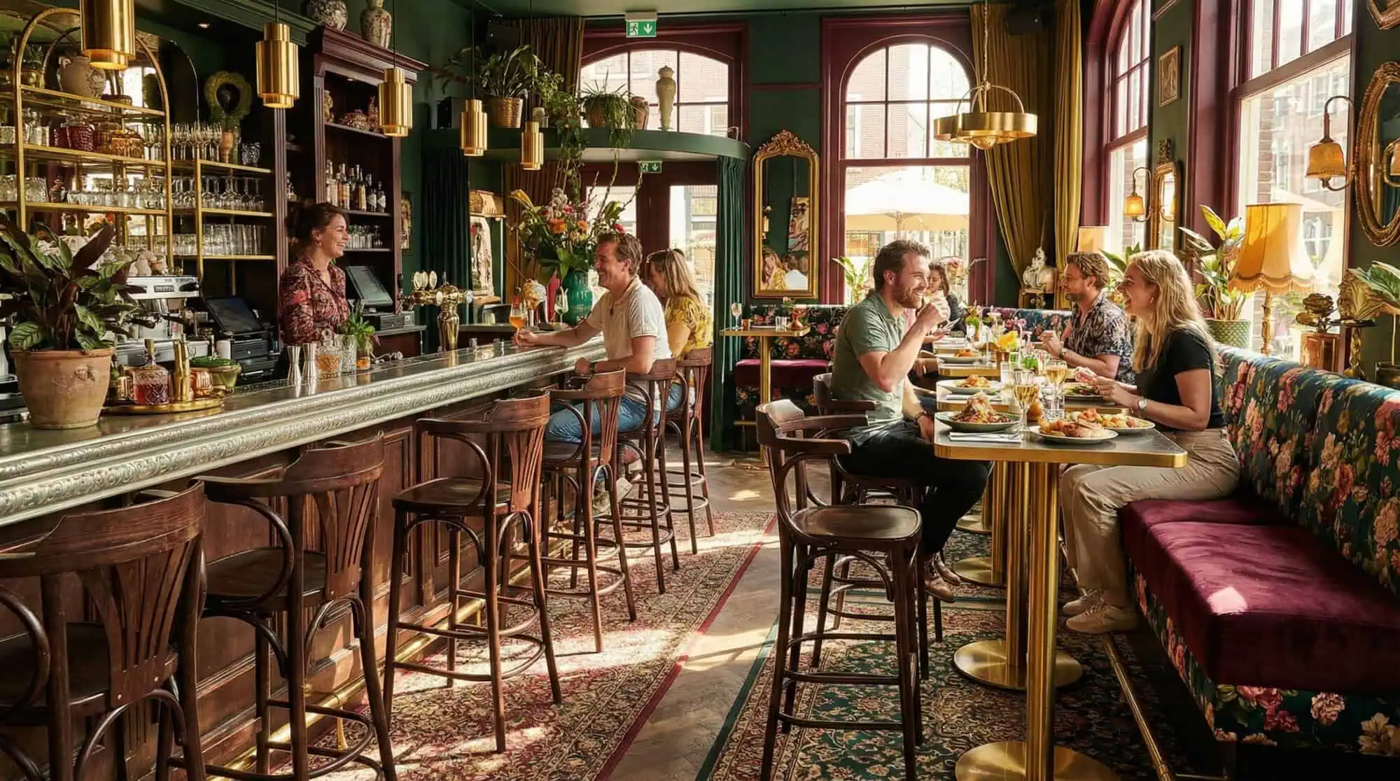 Super-Seat | Gezellig restaurant interieur | Groene muren, gebloemde banken, rode Café de Paris stoelen en rieten terrasstoelen met armleuningen. | Horecameubilair