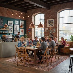 Super-Seat |Houten klapstoelen bij houten tafel in café met bakstenen muur, ramen, koperen lampen. | Horecameubilair