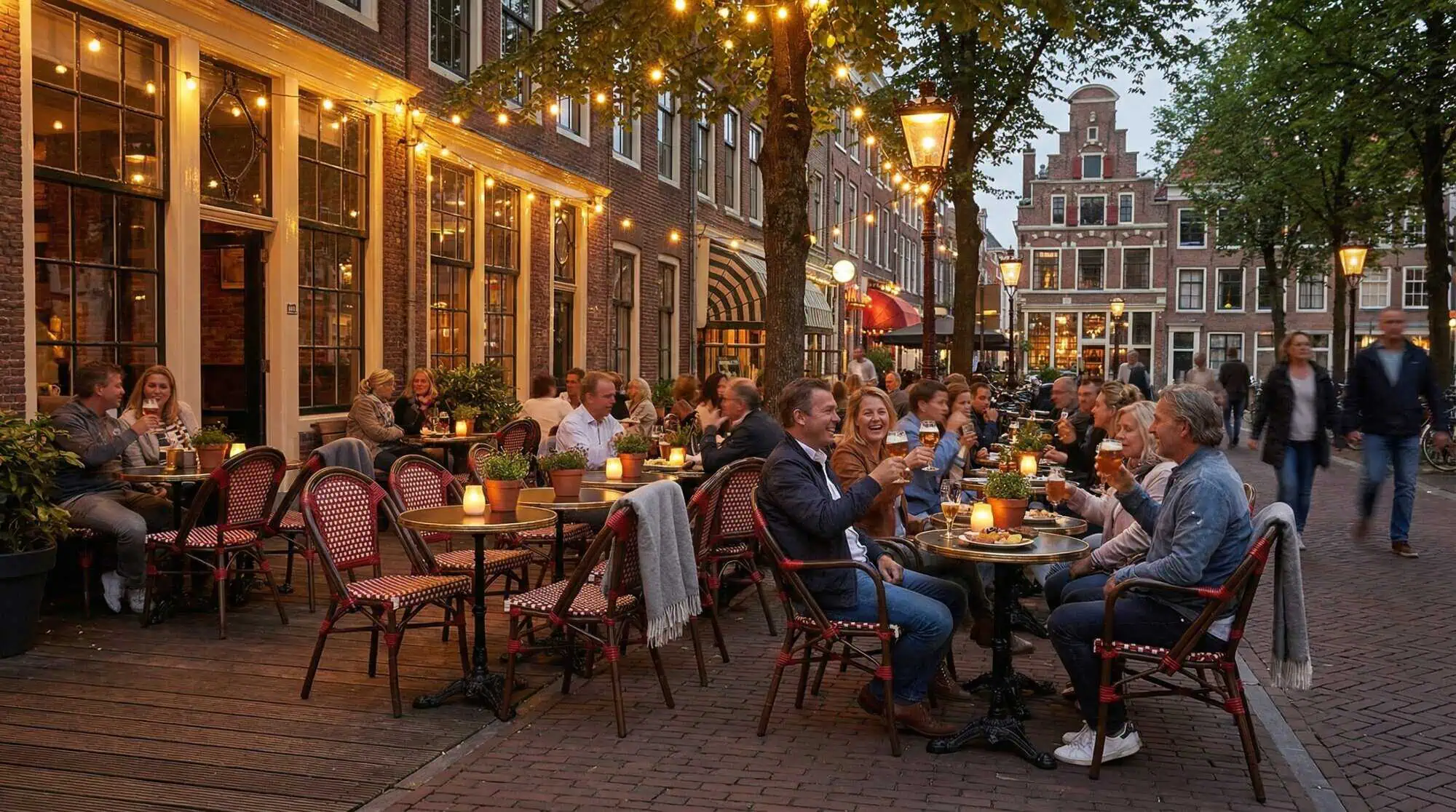 Super-Seat |Rieten terrasstoelen met armleuning, houten tafels op straat tussen bomen en oude gebouwen. | Horecameubilair