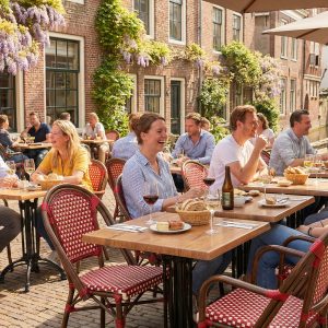 Super-Seat | Rode rieten stapelstoelen met armleuningen, houten tafels; bloeiende klimop siert bakstenen gebouwen. | Horecameubilair